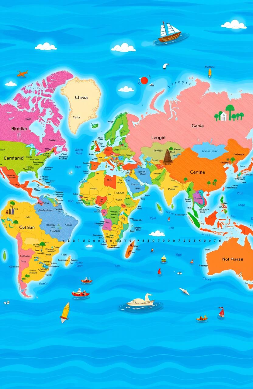 A detailed and vibrant illustration of a world map showcasing all countries clearly marked with distinct colors