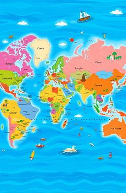 A detailed and vibrant illustration of a world map showcasing all countries clearly marked with distinct colors