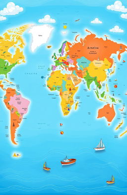 A detailed and vibrant illustration of a world map showcasing all countries clearly marked with distinct colors