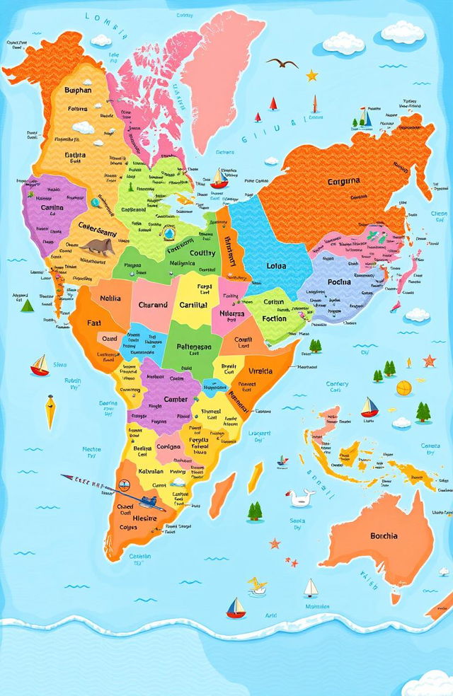 A detailed and vibrant illustration of a world map showcasing all countries clearly marked with distinct colors