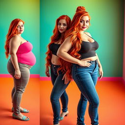 A series of three full-length photos depicting the weight gain progression of a beautiful, sexy, curvy woman with long flame red hair and bright, artistic makeup
