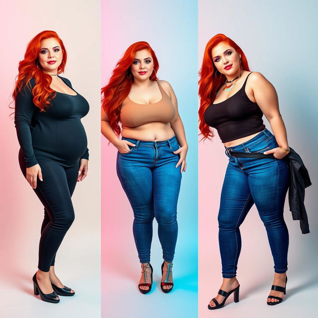 A series of three full-length photos depicting the weight gain progression of a beautiful, sexy, curvy woman with long flame red hair and bright, artistic makeup