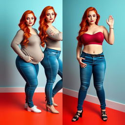 A series of three full-length photos depicting the weight gain progression of a beautiful, sexy, curvy woman with long flame red hair and bright, artistic makeup