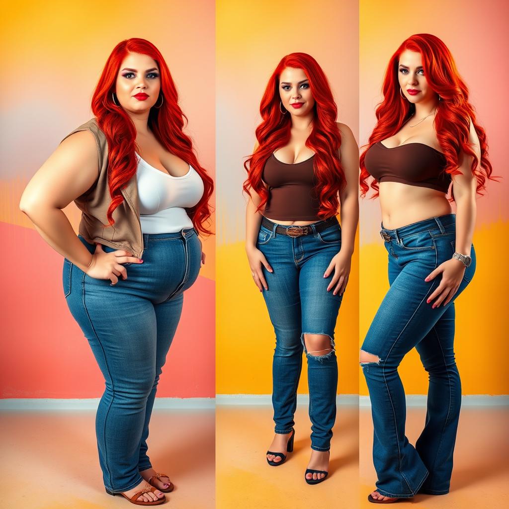 A series of three full-length photos depicting the weight gain progression of a beautiful, sexy, curvy woman with long flame red hair and bright, artistic makeup