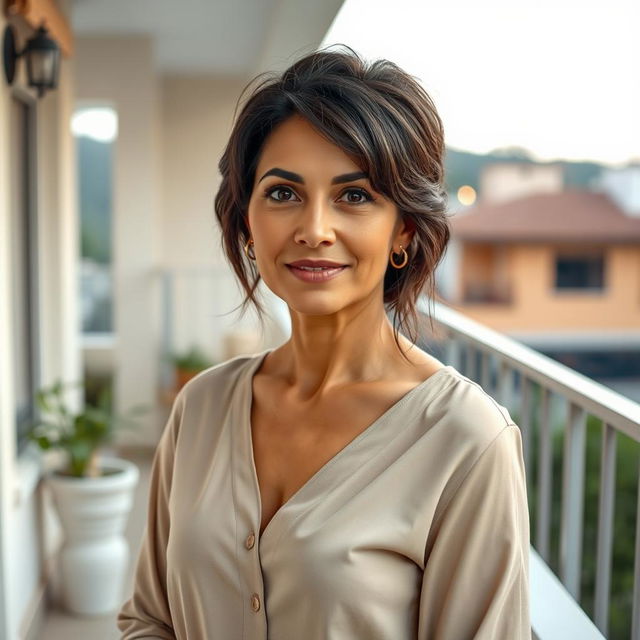 A beautiful Colombian woman aged between 40 and 45, with a fashionable hairstyle, standing in full view on a balcony