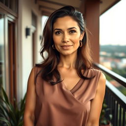 A beautiful Colombian woman aged between 40 and 45, with a fashionable hairstyle, standing in full view on a balcony