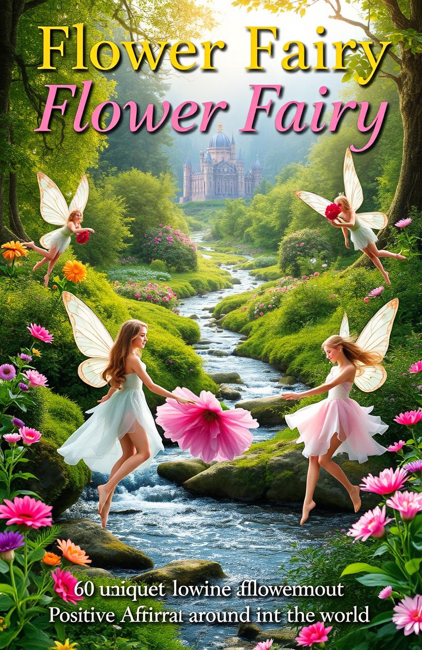 A visually stunning book cover for a flower fairy book featuring 60 unique flower fairies from around the world