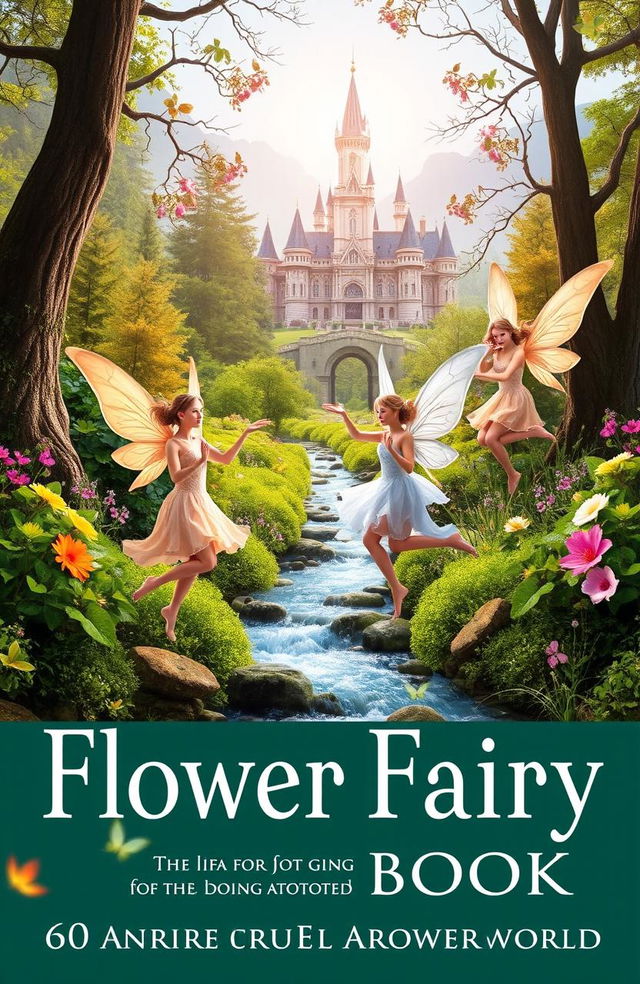 A visually stunning book cover for a flower fairy book featuring 60 unique flower fairies from around the world