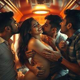 An evocative scene set inside a bus, featuring an attractive 18-year-old Pakistani girl who is fully naked, artfully revealing her side boob