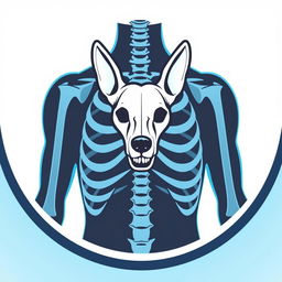 A logo depicting a creative design of an X-ray image of a human torso, featuring a stylized dog skull as the head