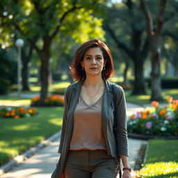 A beautiful Colombian woman aged between 40 and 45, with a fashionable hairstyle, walking in a park