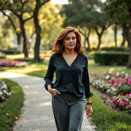 A beautiful Colombian woman aged between 40 and 45, with a fashionable hairstyle, walking in a park