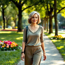 A beautiful Colombian woman aged between 40 and 45, with a fashionable hairstyle, walking in a park