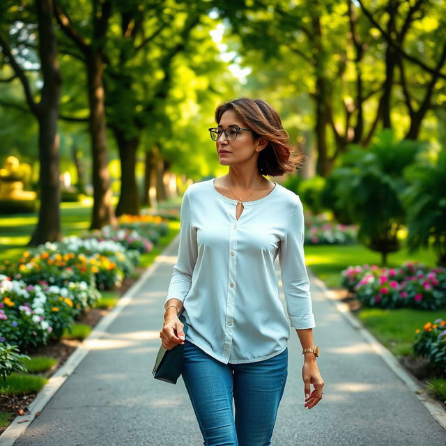 A beautiful Colombian woman aged between 40 and 45, with a fashionable hairstyle, walking in a park