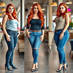 A series of three full-length photos depicting the weight gain progression of a slim, beautiful, sexy, curvy woman with long flame red hair and bright, artistic makeup