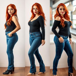 A series of three full-length photos depicting the weight gain progression of a slim, beautiful, sexy, curvy woman with long flame red hair and bright, artistic makeup