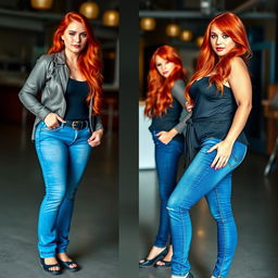 A series of three full-length photos depicting the weight gain progression of a slim, beautiful, sexy, curvy woman with long flame red hair and bright, artistic makeup