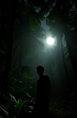 A lone man stands in a dense jungle, surrounded by tall, shadowy trees