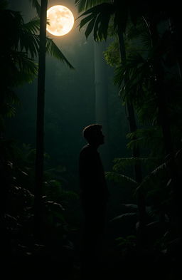 A lone man stands in a dense jungle, surrounded by tall, shadowy trees