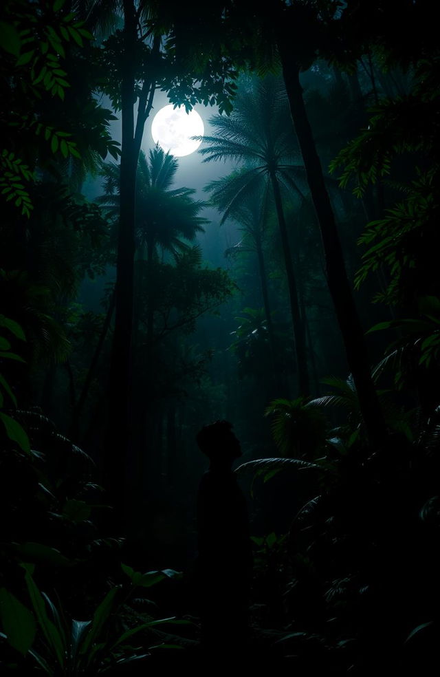 A lone man stands in a dense jungle, surrounded by tall, shadowy trees