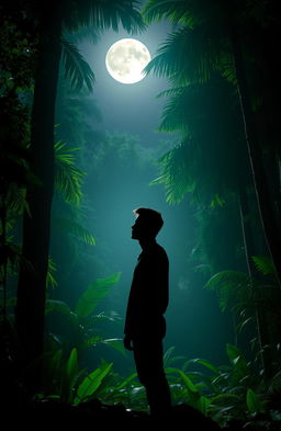 A lone man stands in a dense jungle, surrounded by tall, shadowy trees