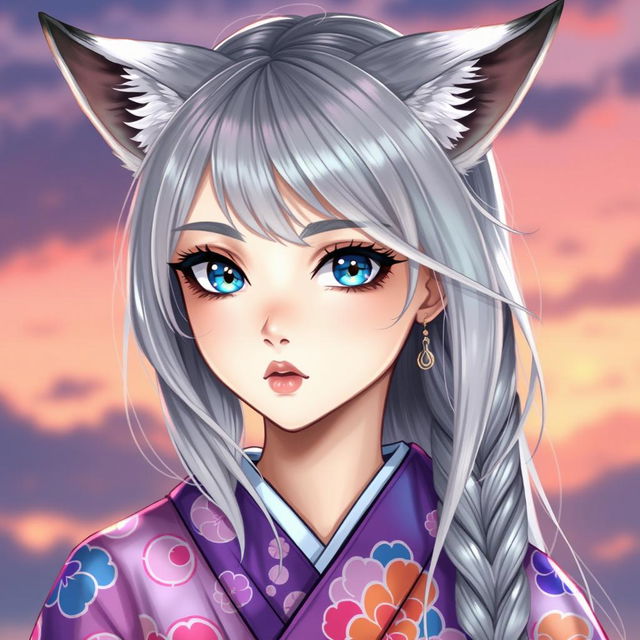 A young woman with shimmering silver hair, featuring charming fox-like ears that are silver with black tips