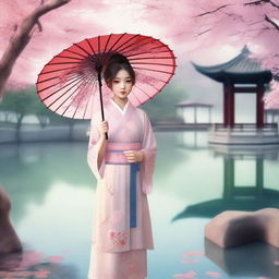 A high-quality digital art image of a young Chinese girl in a traditional dress standing in a serene Chinese garden