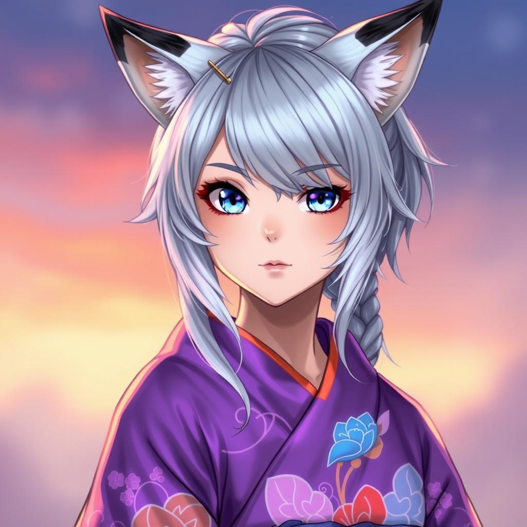 A young woman with shimmering silver hair, featuring charming fox-like ears that are silver with black tips