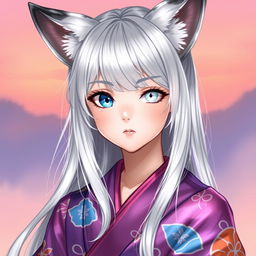 A young woman with shimmering silver hair, featuring charming fox-like ears that are silver with black tips