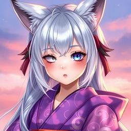 A young woman with shimmering silver hair, featuring charming fox-like ears that are silver with black tips