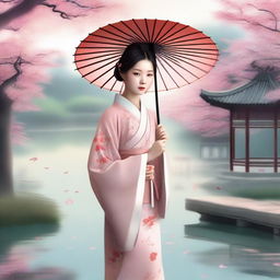 A high-quality digital art image of a young Chinese girl in a traditional dress standing in a serene Chinese garden