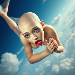 A beautiful bald mermaid with striking blue eyes and vibrant red lips, gracefully falling from a bright sky