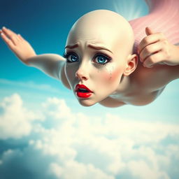 A beautiful bald mermaid with striking blue eyes and vibrant red lips, gracefully falling from a bright sky