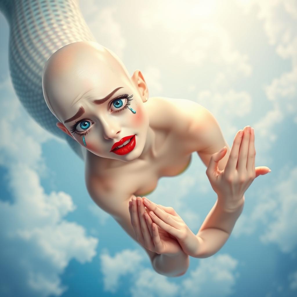 A beautiful bald mermaid with striking blue eyes and vibrant red lips, gracefully falling from a bright sky