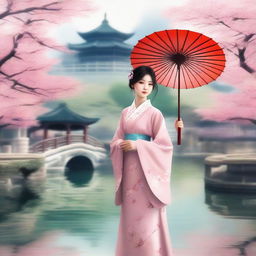 A high-quality digital art image of a young Chinese girl in a traditional dress standing in a serene Chinese garden