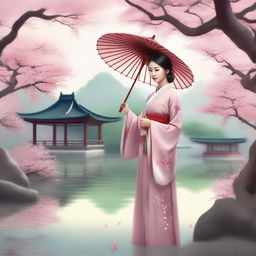 A high-quality digital art image of a young Chinese girl in a traditional dress standing in a serene Chinese garden