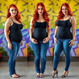 A series of three full-length photos illustrating the weight gain progression from thin to curvy of a beautiful, sexy woman with long flame red hair and bright, colorful makeup