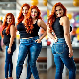 A series of three full-length photos illustrating the weight gain progression from thin to curvy of a beautiful, sexy woman with long flame red hair and bright, colorful makeup