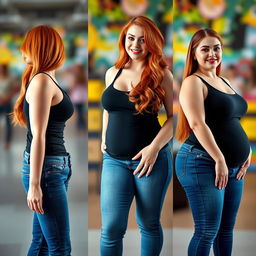 A series of three full-length photos illustrating the weight gain progression from thin to curvy of a beautiful, sexy woman with long flame red hair and bright, colorful makeup