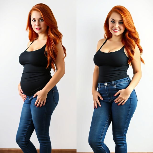 A series of three full-length photos illustrating the weight gain progression from thin to curvy of a beautiful, sexy woman with long flame red hair and bright, colorful makeup