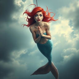 A beautiful redhead mermaid with striking blue eyes and vibrant red lips is depicted falling gracefully from a cloudy sky
