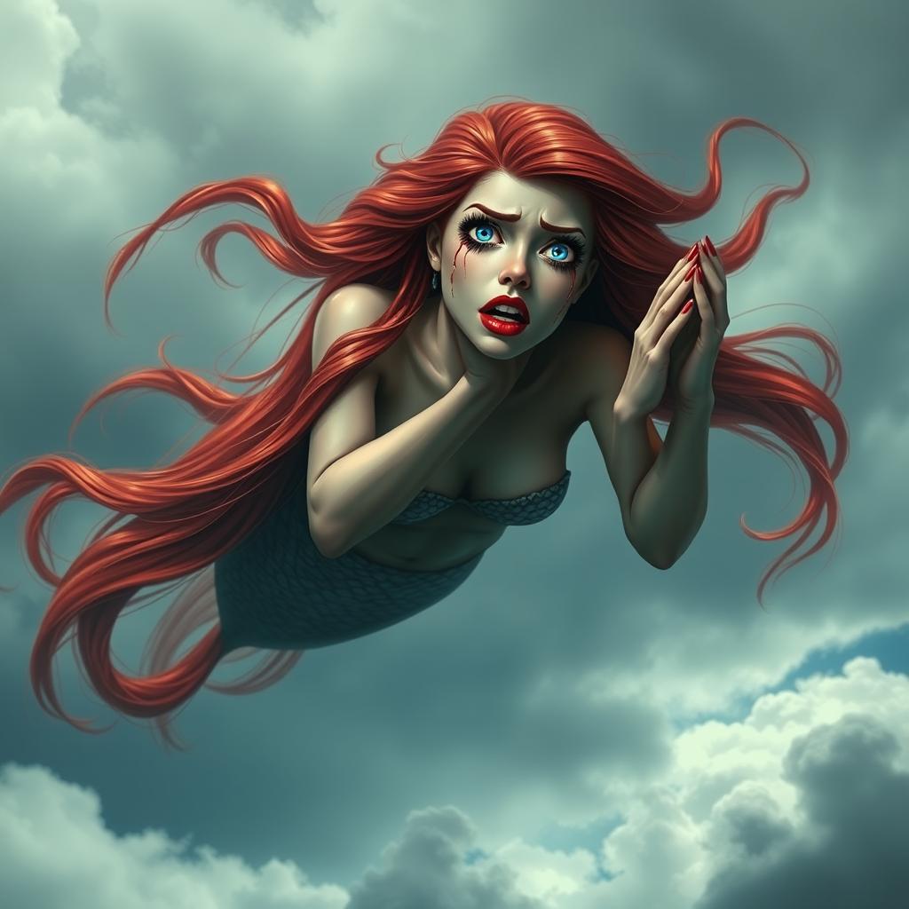 A beautiful redhead mermaid with striking blue eyes and vibrant red lips is depicted falling gracefully from a cloudy sky