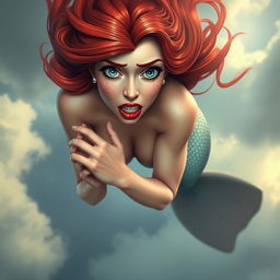 A beautiful redhead mermaid with striking blue eyes and vibrant red lips is depicted falling gracefully from a cloudy sky