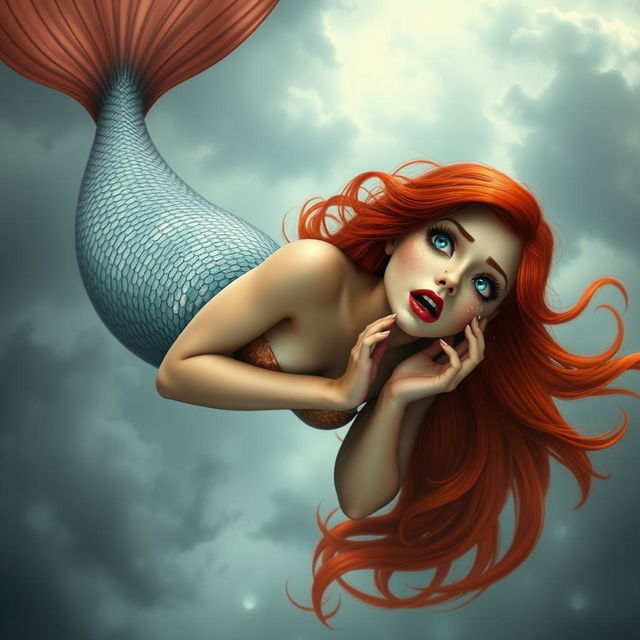 A beautiful redhead mermaid with striking blue eyes and vibrant red lips is depicted falling gracefully from a cloudy sky