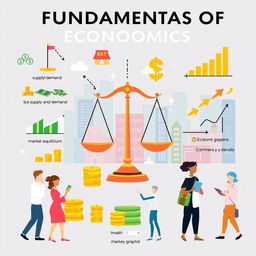 A clear and visually engaging representation of the fundamentals of economics, featuring illustrations of key concepts such as supply and demand, market equilibrium, and economic graphs