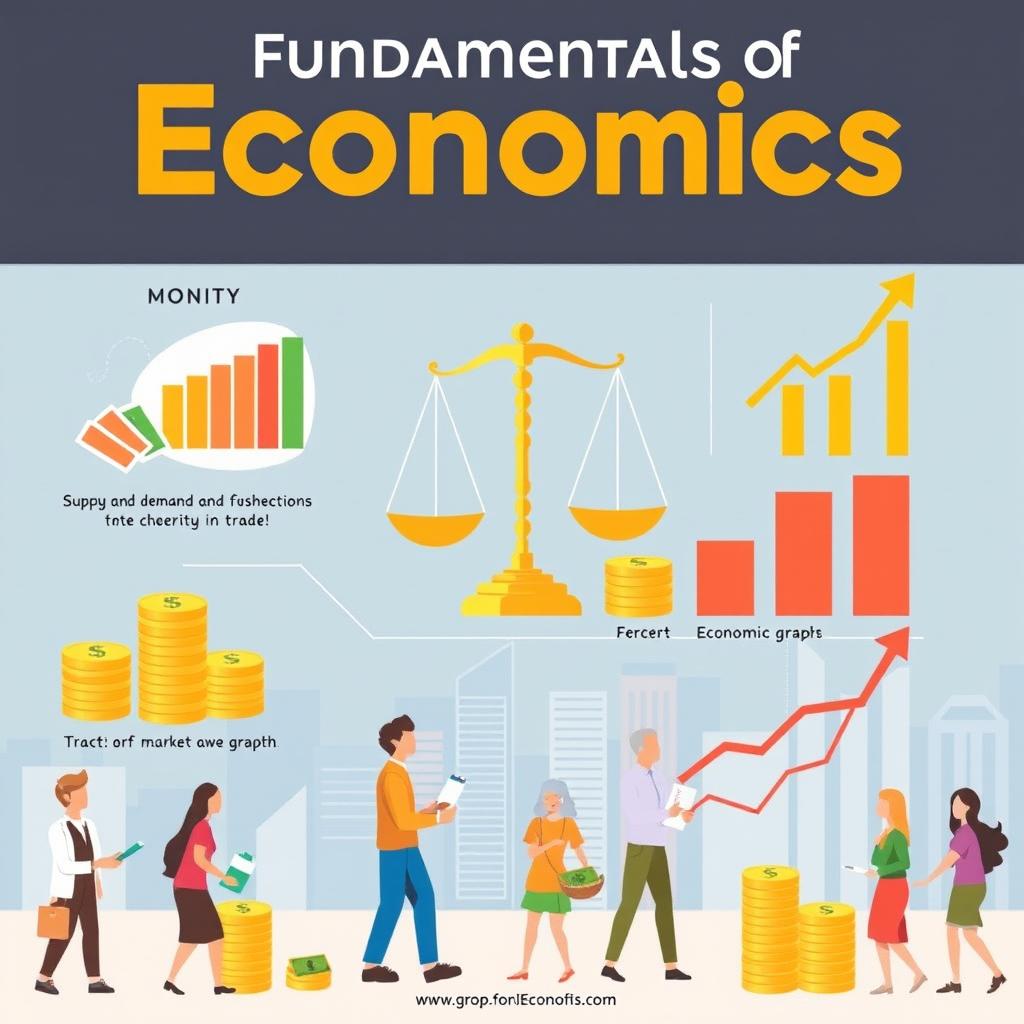 A clear and visually engaging representation of the fundamentals of economics, featuring illustrations of key concepts such as supply and demand, market equilibrium, and economic graphs