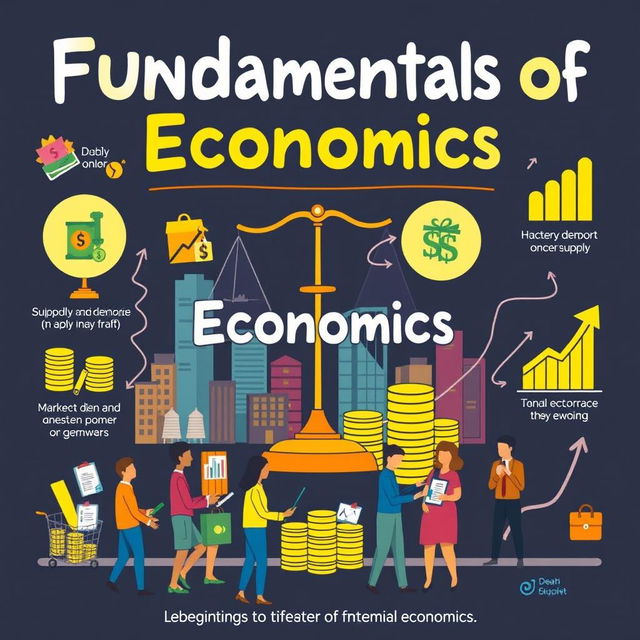 A clear and visually engaging representation of the fundamentals of economics, featuring illustrations of key concepts such as supply and demand, market equilibrium, and economic graphs