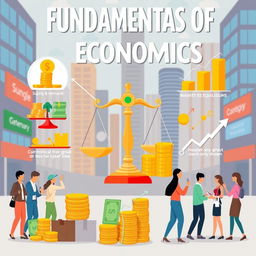 A clear and visually engaging representation of the fundamentals of economics, featuring illustrations of key concepts such as supply and demand, market equilibrium, and economic graphs