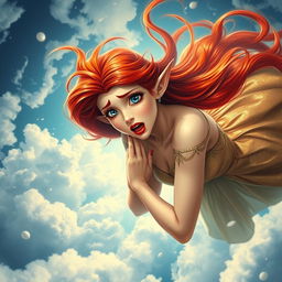 A beautiful redhead elf princess with bright blue eyes and luscious red lips is dramatically falling from the sky