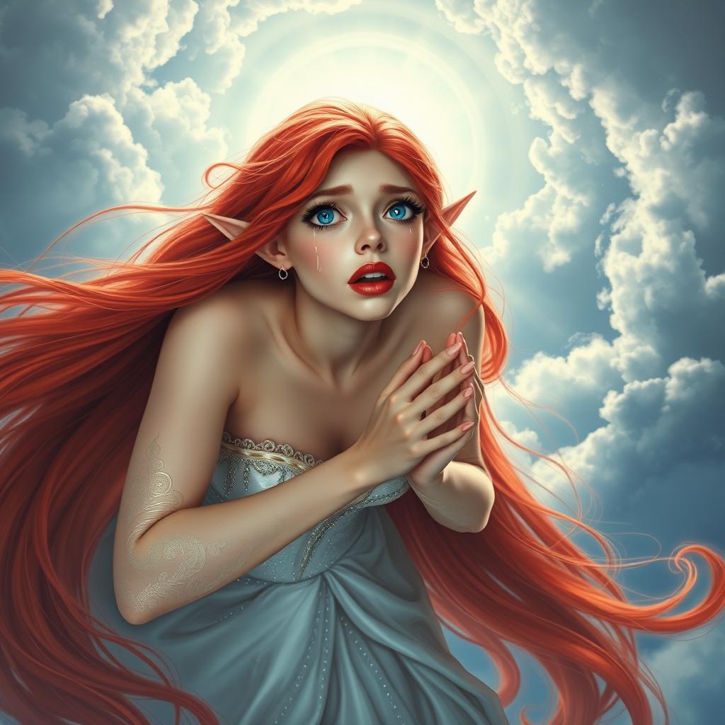 A beautiful redhead elf princess with bright blue eyes and luscious red lips is dramatically falling from the sky